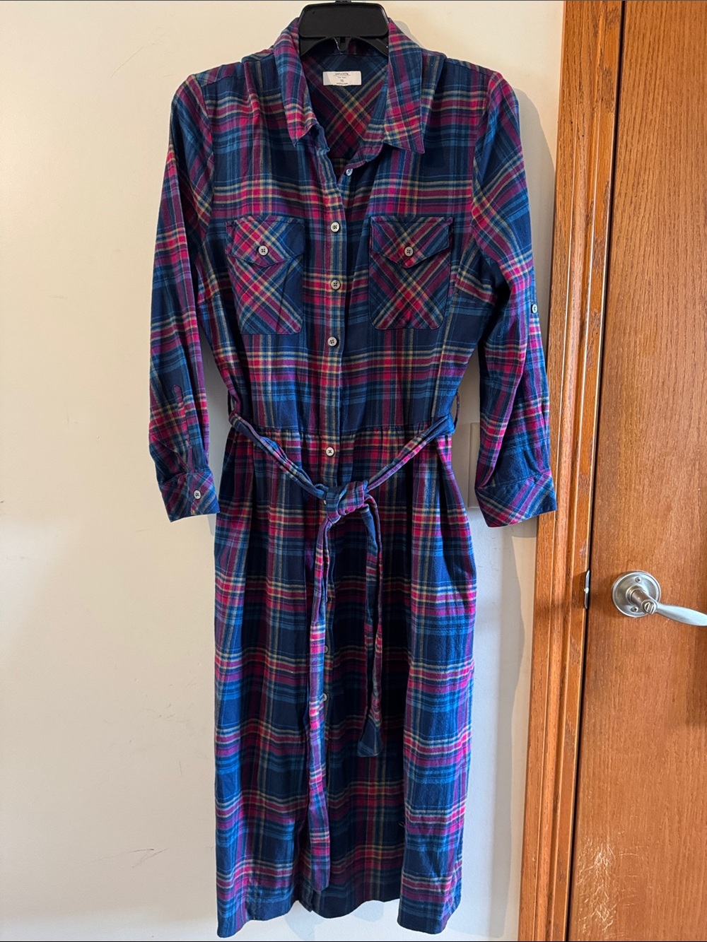 UNTUCKit Navy and Pink Plaid Shirt Dress